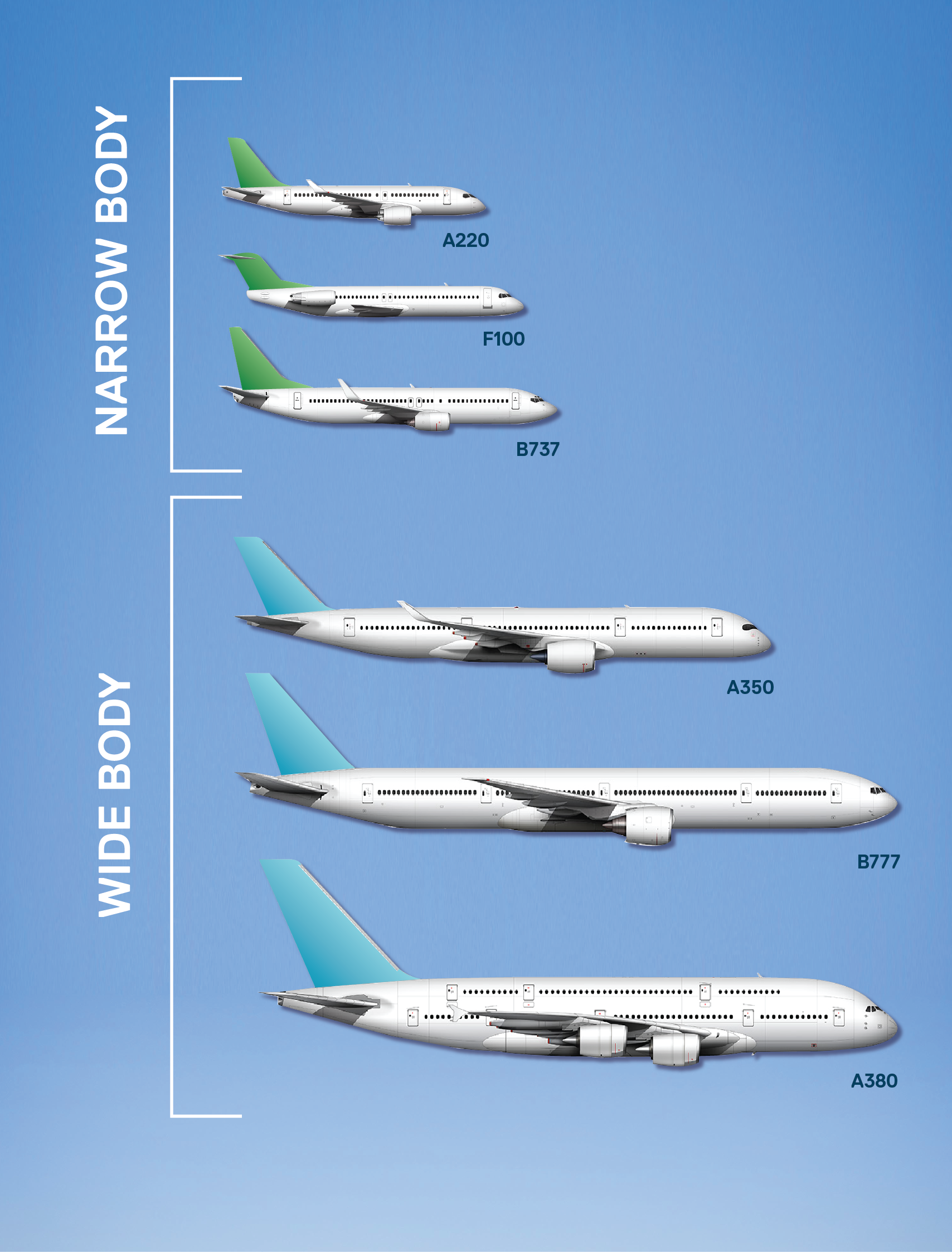 Six planes showing the difference between wide-body planes