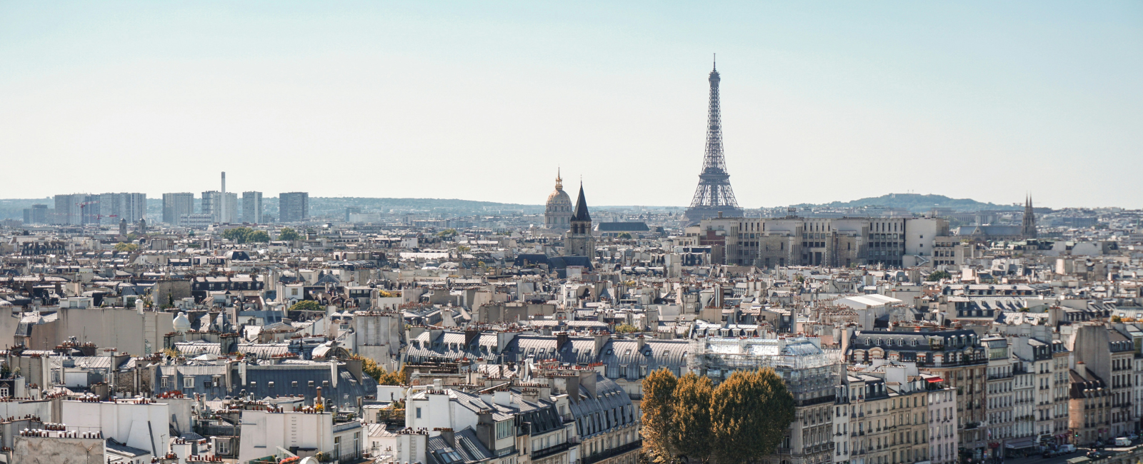 View of Paris skyline with Eiffel Tower at a distance