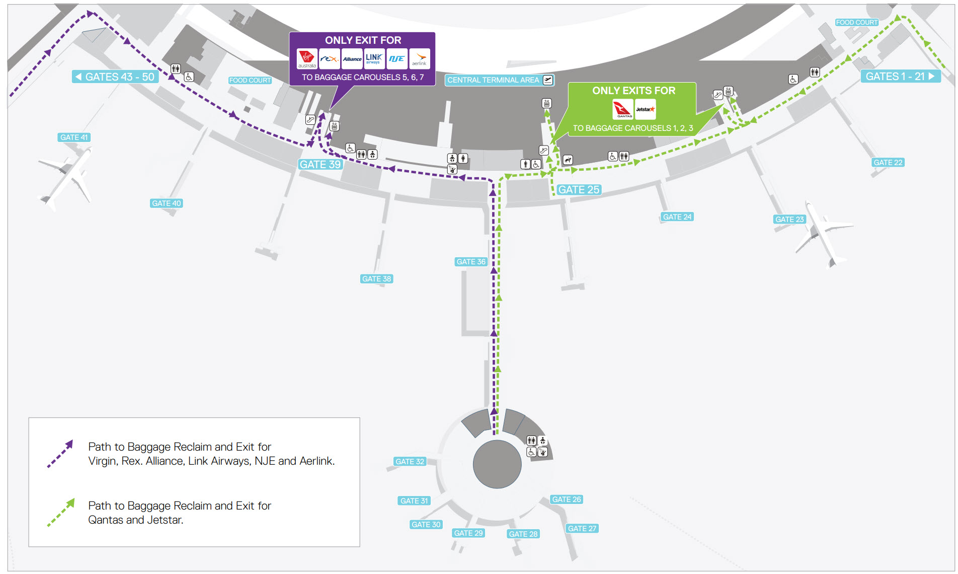 Map showing best exits from Level 2 for baggage claim