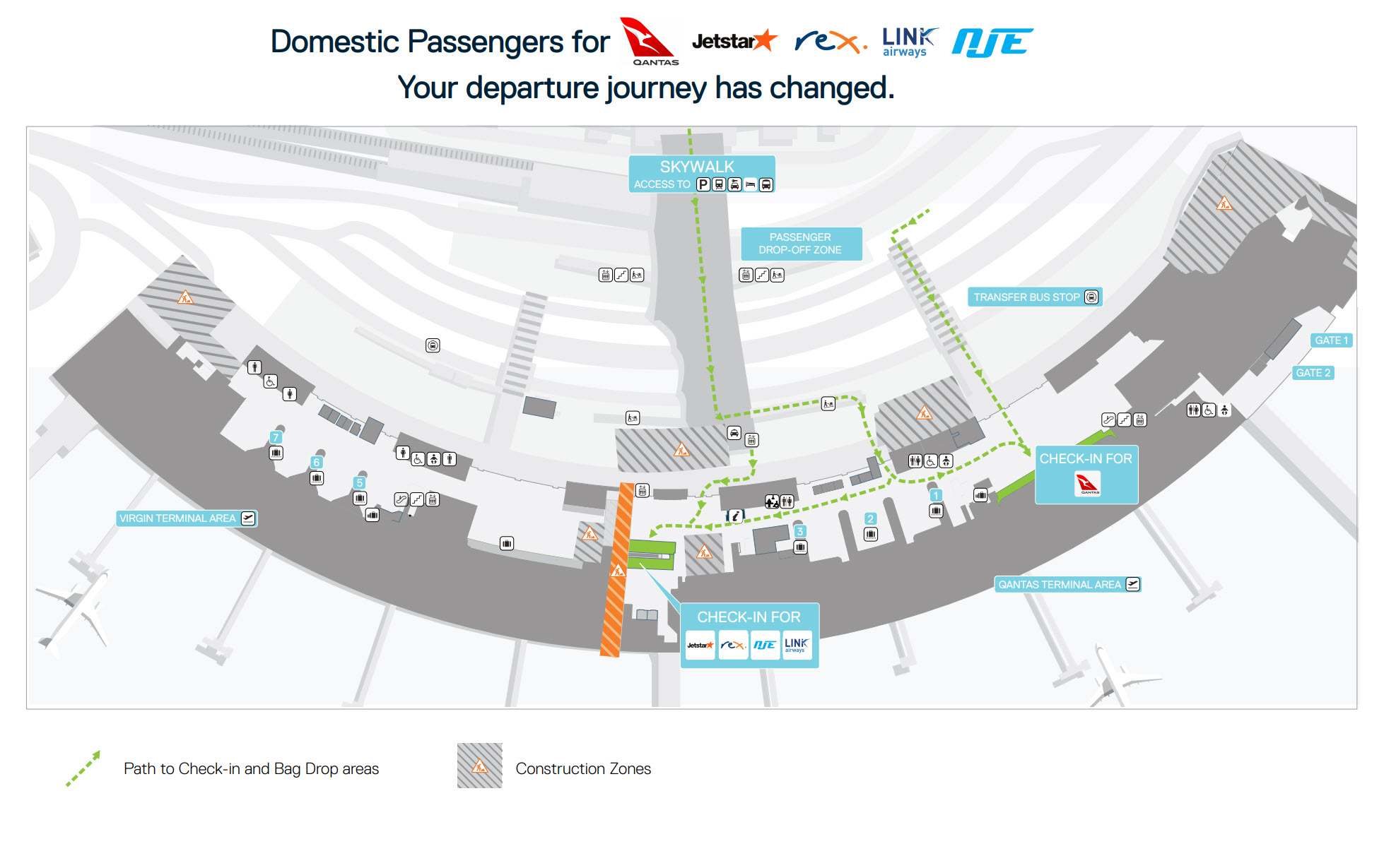 Map showing the paths for check in for Qantas, Jetstar, Rex, Link & NJE