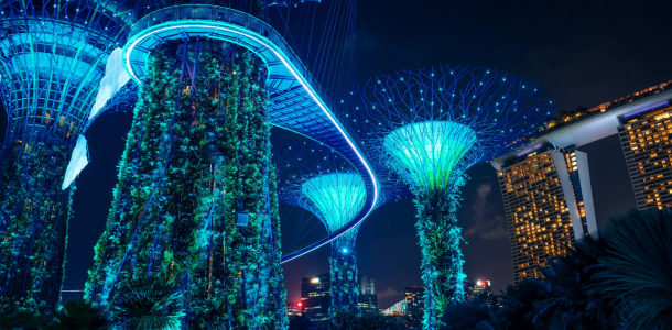 Singapore Supertrees illuminated blue at night